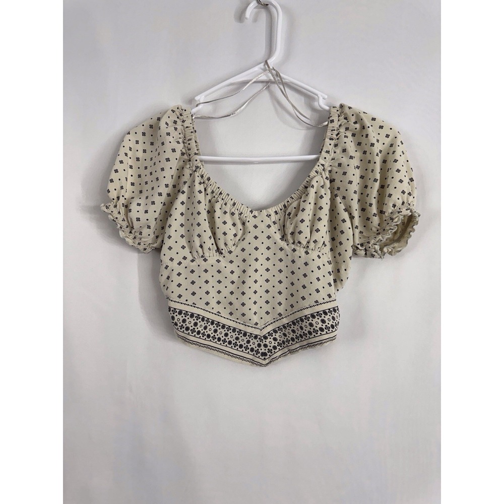 Japna Boho Puff Sleeve Crop Top Size‎ Small UEC Cream & Black Floral Festival